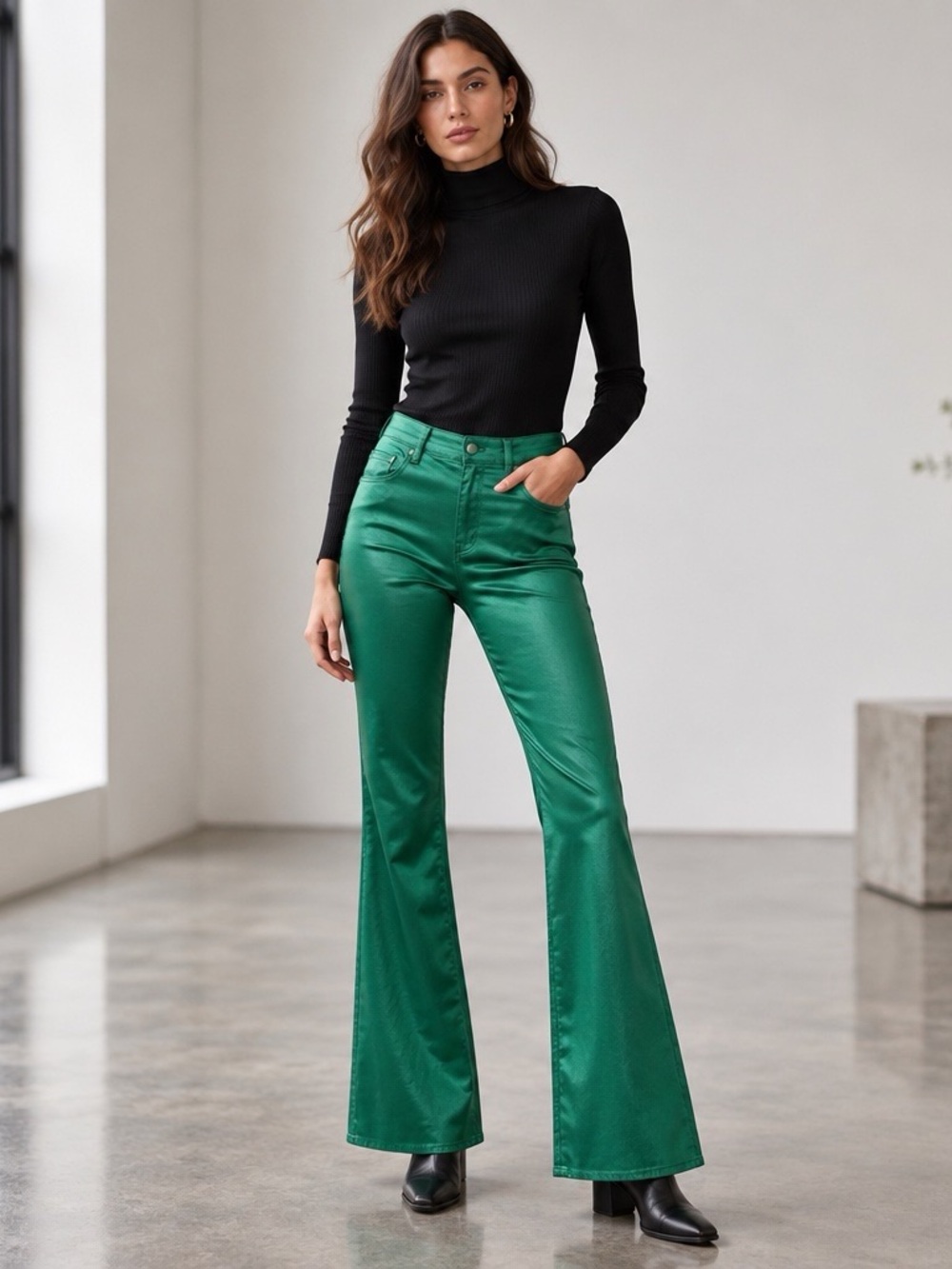 Edikted Green Faux Leather Flare Jeans Size L Y2K High Rise Pants
